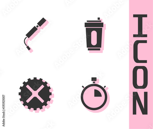 Set Stopwatch, Bicycle air pump, sprocket crank and Sport bottle with water icon. Vector