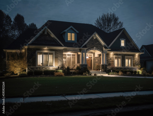beautiful luxurious Home exterior on suburban town. Soft lighting. Night shot. Luxury concept. Generative AI.
