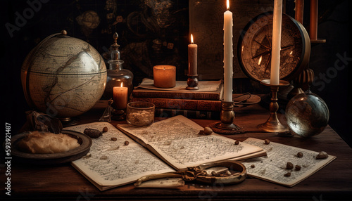 Workplace of a scientist or writer of past centuries by candlelight