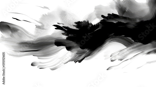 Chinese ink black and white abstract wallpaper. Simple minimal banner of brush strokes. Artistic japanese painting. Tradition zen banner. Splash of paint. Card paper with dark isolated stains texture