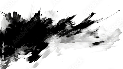 Chinese ink black and white abstract wallpaper. Simple minimal banner of brush strokes. Artistic japanese painting. Tradition zen banner. Splash of paint. Card paper with dark isolated stains texture