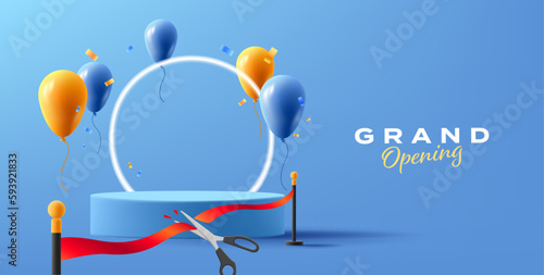 Grand opening banner with 3d illustration of air balloons with confetti and pedestal with red ribbon cut with scissors and neon glowing circle