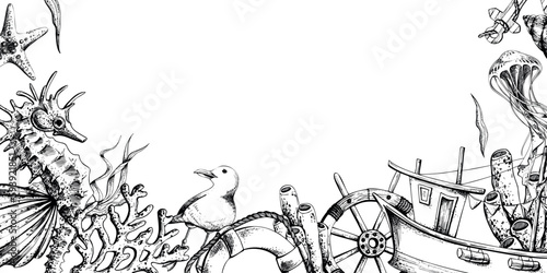 Marine animals with a fishing boat, a steering wheel and a life buoy. Illustration of hand drawn graphics, vector in EPS format. Template, frame on a white background.
