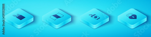 Set Isometric French baguette bread, Flag France, Castle in the shape of heart and Coffee cup to go icon. Vector
