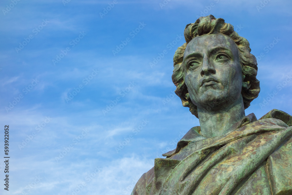 Percy Bysshe Shelley, one of the major English Romantic poets. Outoddor bronze monument erected in 1894 in the city of Viareggio