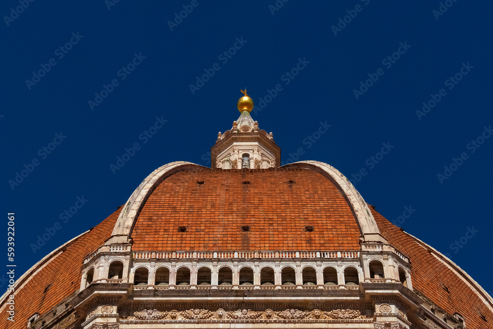 St Mary of the Flower iconic dome in Florence seen from below, built by italian architect Brunelleschi in the 15th century and symbol of Renaissance in the world