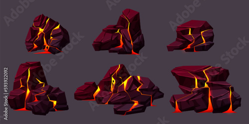 Volcano boulder texture with lava in cracks and broken stones. Volcanic rocks with light effect in fissures and surface breaks with hot magma, vector cartoon illustration
