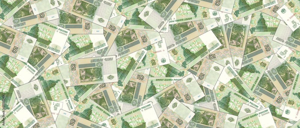 Russia financial illustration. Wide seamless pattern. Randomly scattered paper banknotes of the Russian Federation in denominations of 5 rubles. Russia financial illustration. Wide seamless pattern. Randomly scattered paper banknotes of the Russian Federation in denominations of 5 rubles.