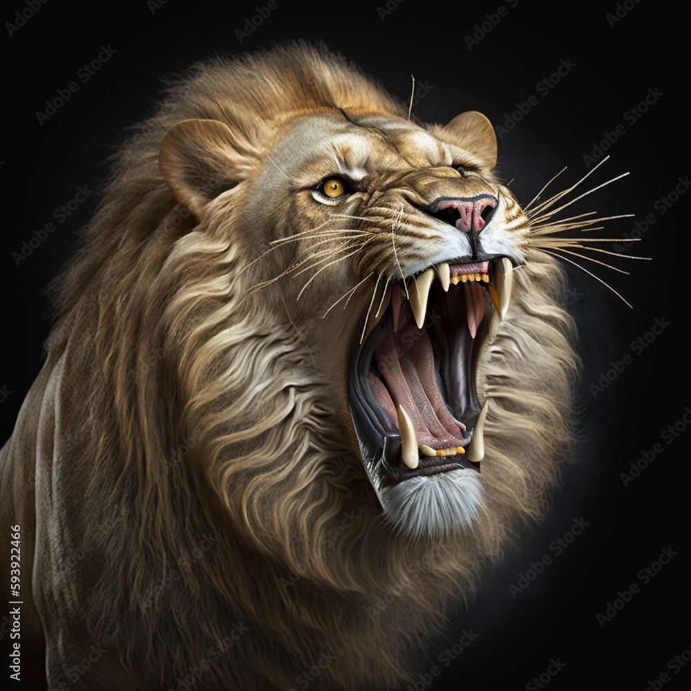 Fototapeta premium Lion roaring and pulling out his teeth. Generative AI.