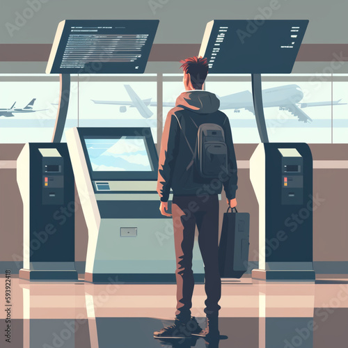 Traveler doing the Self Check In in a machine at the airport. Generative AI.