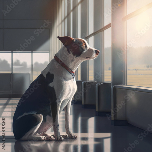 Dog in an airport terminal. Concept of traveling by plane with a dog. Generative AI.