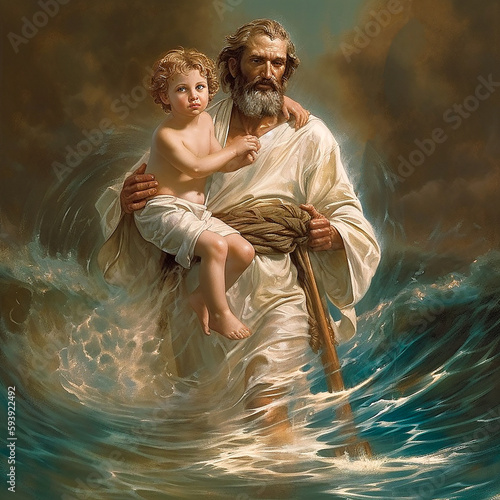 Saint Christopher with Jesu Christi. AI generativ.