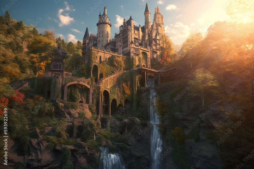 Fantasy landscape with castle and waterfall. Digital painting. Generative AI