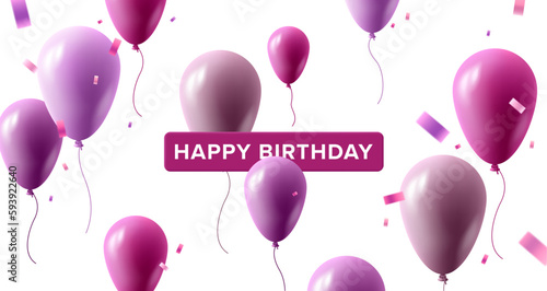 Birthday and celebration banner with purple air balloons and Happy Borthday banner on white backdrop