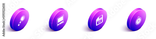 Set Isometric Magnifying glass, Retro tv, Floppy disk and Pocket watch icon. Vector
