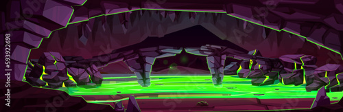 Game background of dark cave with toxic swamp. Fantasy landscape of mine in mountains, underground tunnel with lake of green dirty poisonous water, vector cartoon illustration