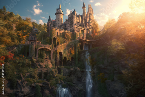 Fantasy landscape with castle and waterfall. Digital painting. Generative AI