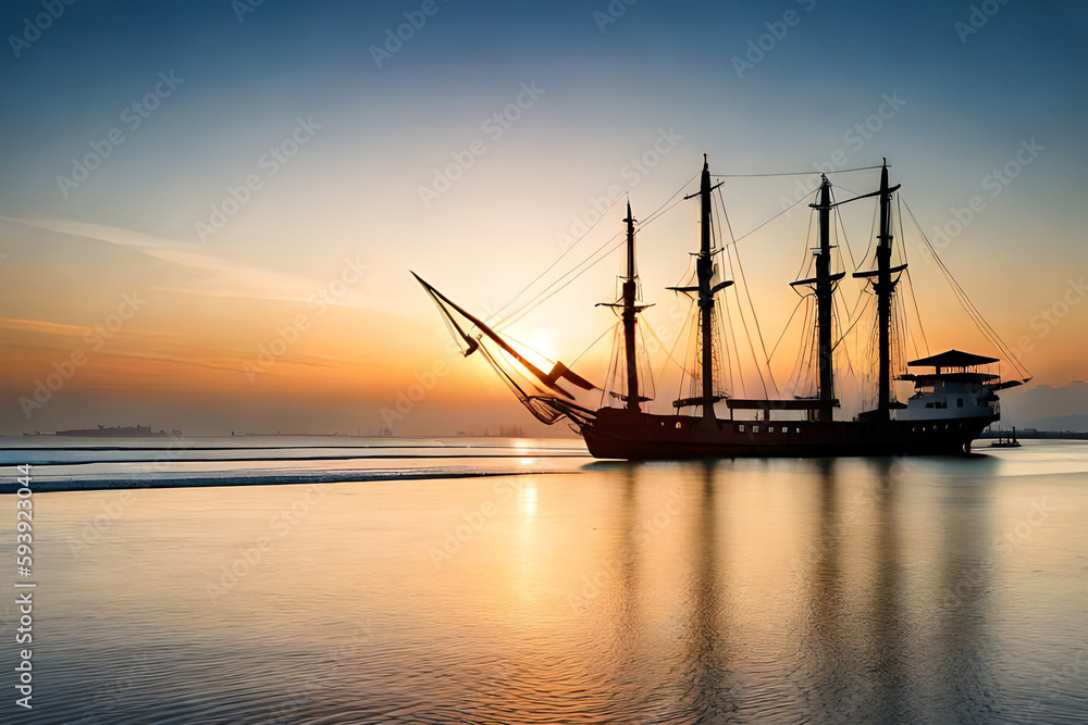 sailing ship at sunset