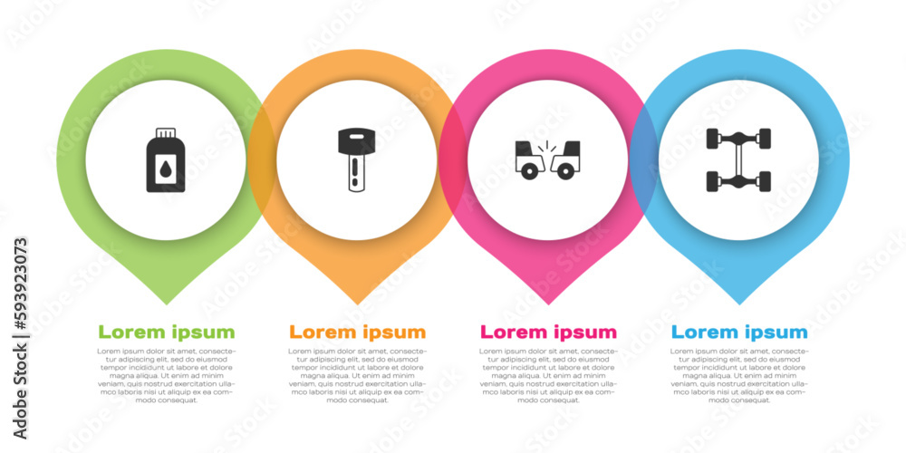 Set Canister for motor machine oil, Car key with remote, accident and Chassis car. Business infographic template. Vector Set Canister for motor machine oil, Car key with remote, accident and Chassis car. Business infographic template. Vector