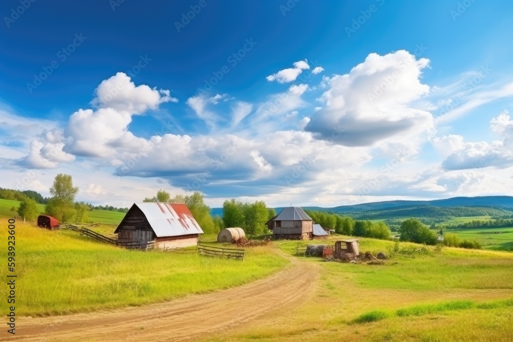 rural landscape with a house in the background,large panorama of a field with bales of straw, ai generative
