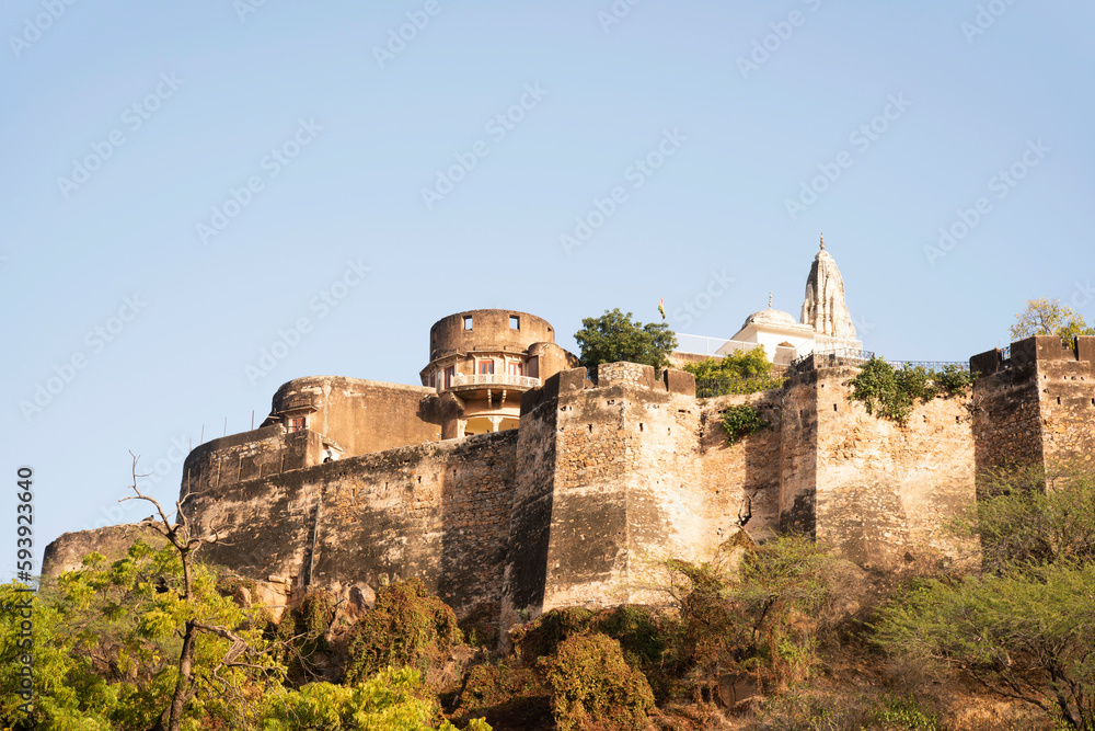 Exteriors and the fortification wall of Moti Doongri Fort, it has an exotic palace perched right on top, a replica of a Scottish Castle, Jaipur, Rajasthan, India