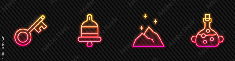 Set line Magic powder, Old key, Ringing alarm bell and Poison bottle. Glowing neon icon. Vector Set line Magic powder, Old key, Ringing alarm bell and Poison bottle. Glowing neon icon. Vector