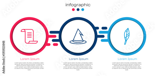 Set line Ancient magic book, Witch hat and Magic feather. Business infographic template. Vector