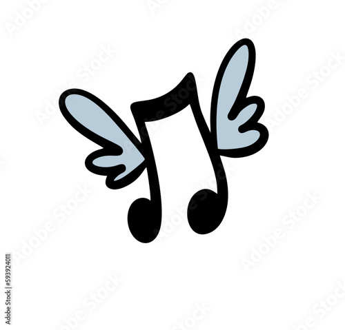 A musical note with wings soars in the sky.