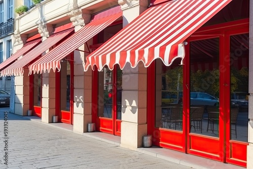 Red white striped awning overhang, ai generative