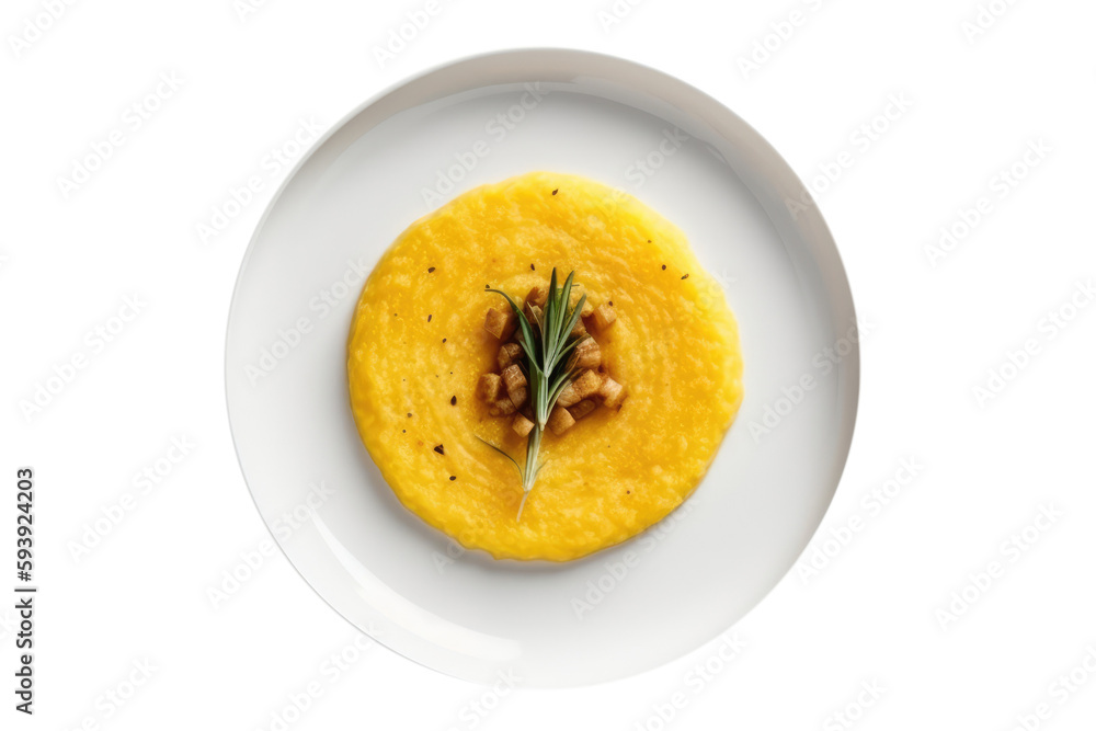 Polenta On White Plate. Italian Food On Isolated Transparent Background