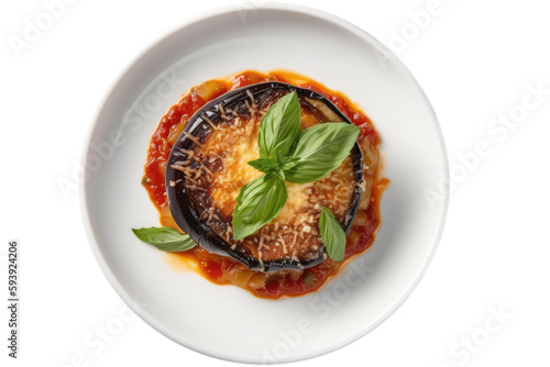 Parmigiana Di Melanzane On White Plate. Italian Food On Isolated Transparent Background, Png. Generative AI photo