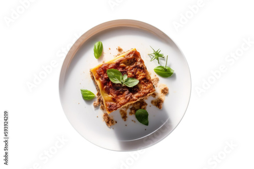 Lasagna On White Plate. Italian Food On Isolated Transparent Background, Png. Generative AI