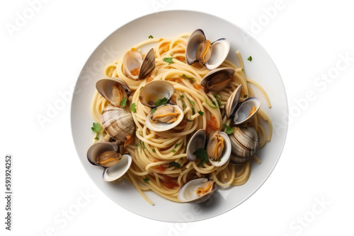 Spaghetti Alle Vongole On White Plate. Italian Food On Isolated Transparent Background, Png. Generative AI photo