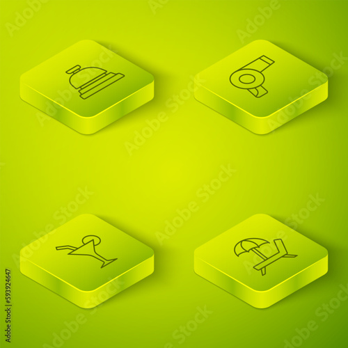 Set Isometric line Hair dryer, Cocktail, Sunbed with umbrella and Hotel service bell icon. Vector