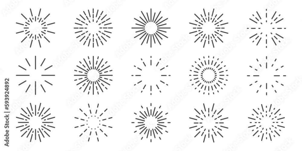 Round sunburst, line radial frame icon set