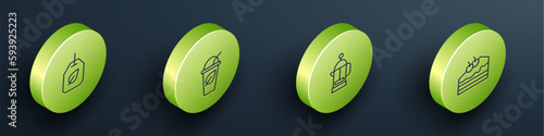 Set Isometric line Tea bag with leaf, Cup of tea, French press and Piece cake icon. Vector