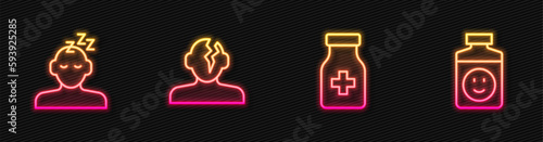 Set line Sedative pills, Dreams, Solution problem in psychology and Antidepressants. Glowing neon icon. Vector