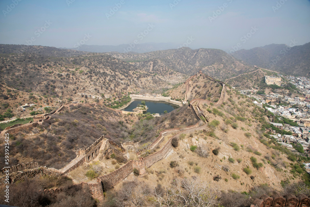 Sagar Lake and fortification wall of Jaigarh Fort located in Jaipur, Rajasthan, India