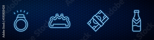Set line Stacks paper money cash, Diamond ring, Brass knuckles and Beer bottle. Glowing neon icon on brick wall. Vector