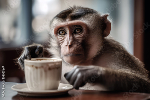 Monkey With Tired Expression Holding Cafe Au Lait. Generative AI