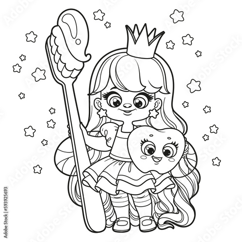 Cute cartoon long haired girl tooth fairy with big toothbrush outlined for coloring page on white background
