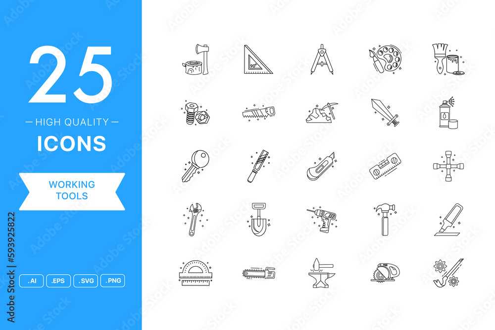 Vector set of Working Tools icons. The collection comprises 25 vector icons for mobile applications and websites. Vector set of Working Tools icons. The collection comprises 25 vector icons for mobile applications and websites.