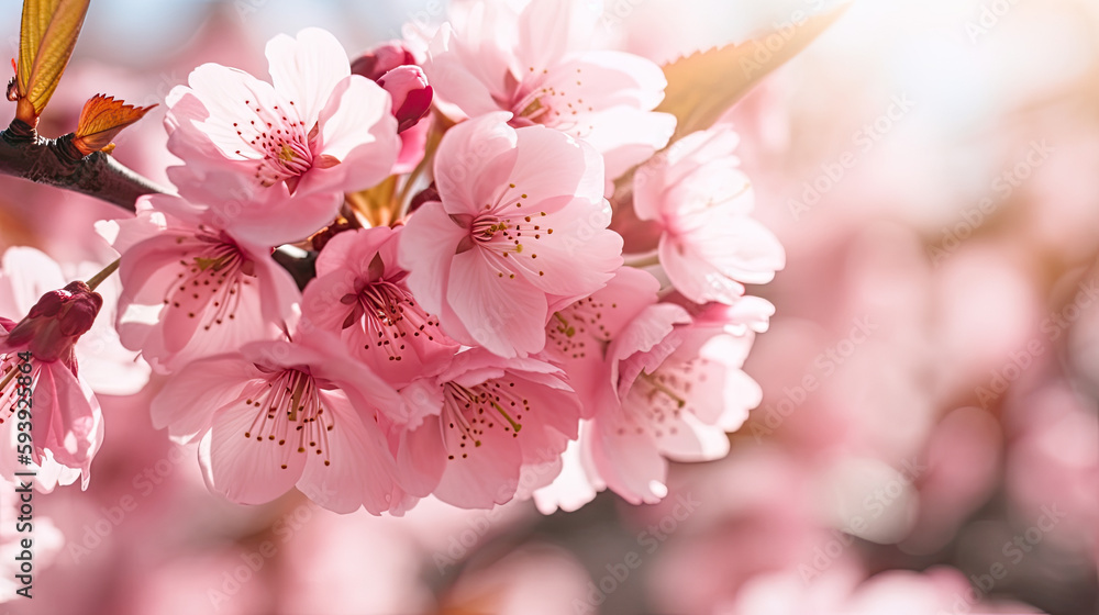 A detailed illustration of many beautiful pink cherry blossoms during the day by Generative AI