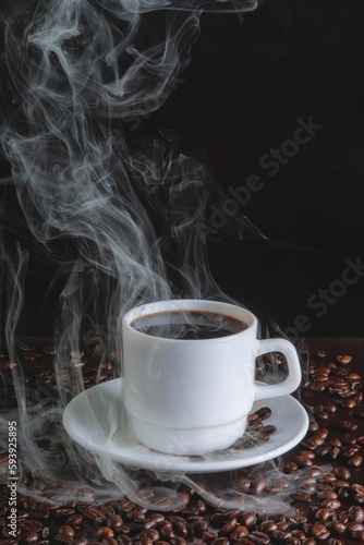 Vertical shot of a cup of hot coffee surrounded by coffee beans isolated on a black background
