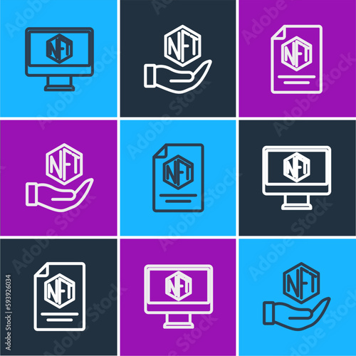 Set line Monitor with art store app, NFT contract and Digital crypto icon. Vector