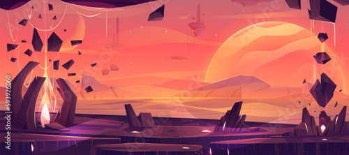 Mars planet desert cartoon vector space landscape. Martian ground surface with rock and mountain under red sky. Fantastic galaxy horizon. Game cosmic start screen ui illustration with flying stone.