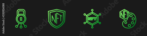 Set line NFT blockchain technology, Cyber security, shield and Digital crypto art. Gradient color icons. Vector