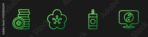 Set line Firework, Chinese Yuan currency, Lotus flower and Yin Yang symbol. Gradient color icons. Vector