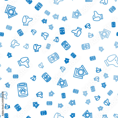 Set line Canned food, Dog house and on seamless pattern. Vector