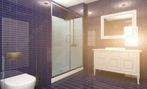 Modern bathroom  unique design with bright blue ceramic tiles. 3D rendering.. Sunset.